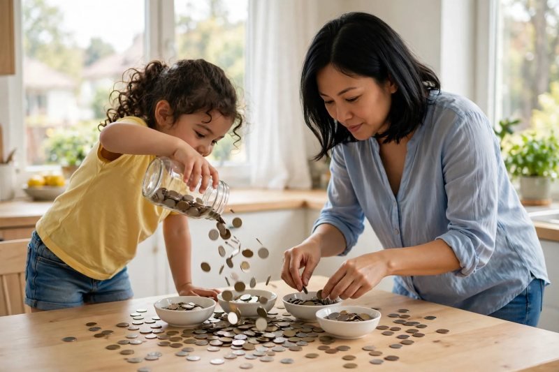 Girl pouring the jar out while mother sorts coins into four bowls
