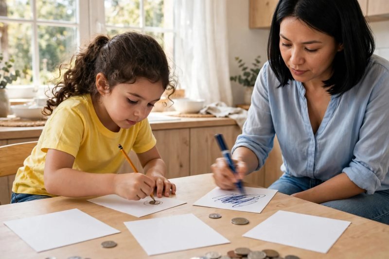 Girl tracing a coin outline on a card while mother writes a value card