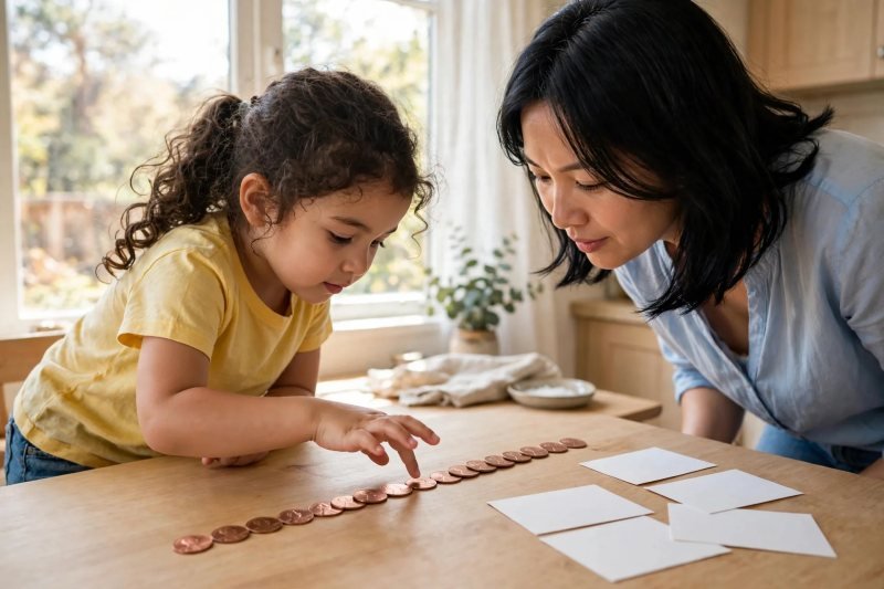 Girl pointing at each penny in a neat row while counting by ones