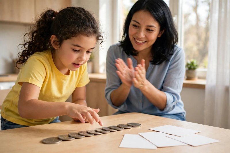 Girl tapping a row of nickels while mother claps to the counting rhythm