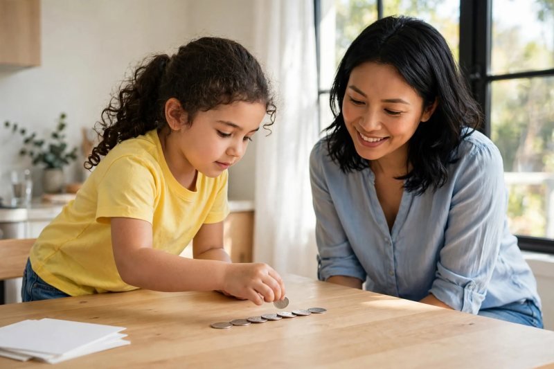 Girl placing dimes one by one into a row for skip-counting by tens