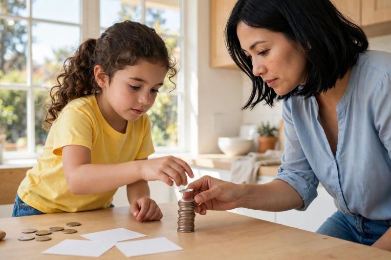 Girl stacking quarters into a tower as mother steadies the coin stack