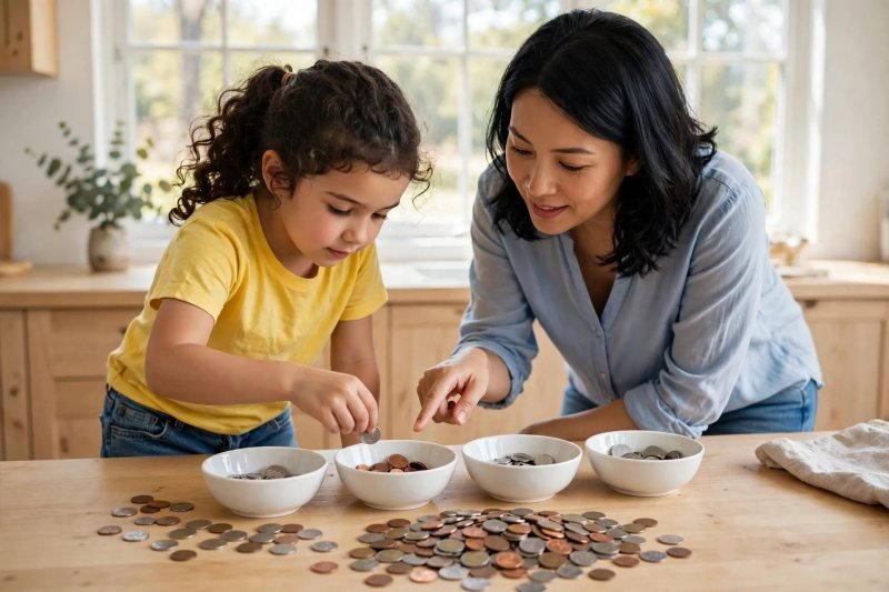 Girl sorting mixed coins into four small bowls with mother's guidance