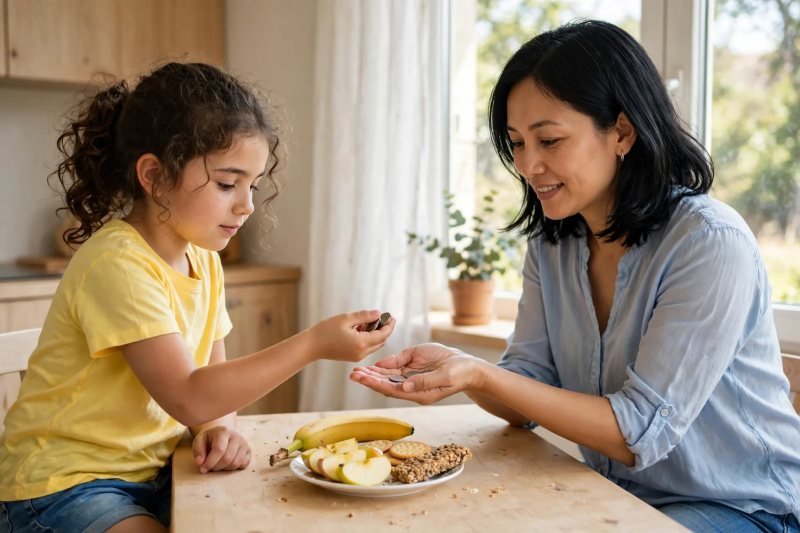 Girl paying coins into mother's palm at a snack bar with treats