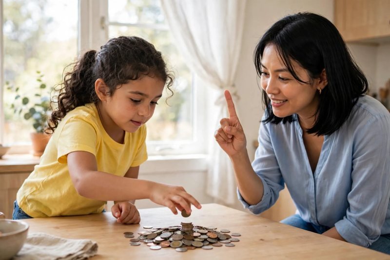 Girl building a coin pile while mother calls out the mystery total