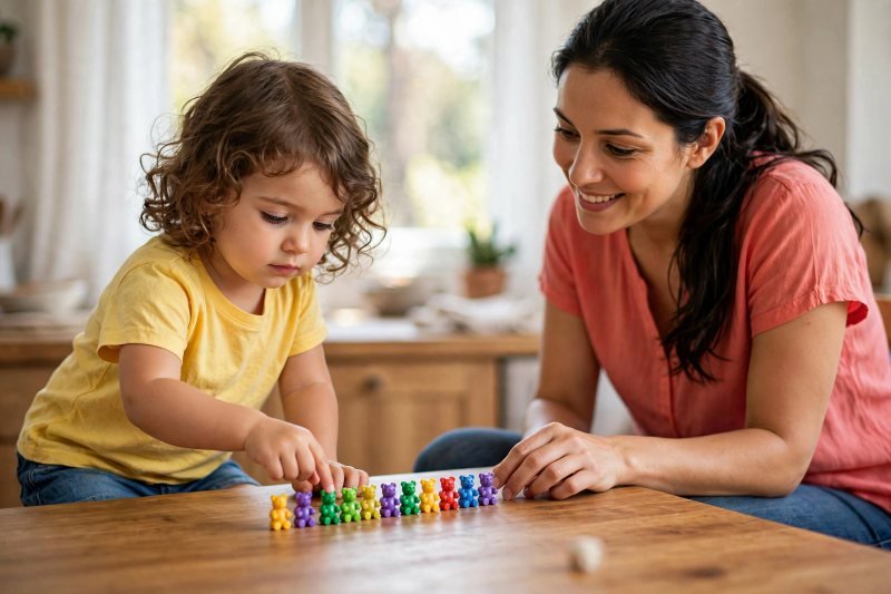 Three-year-old lining up colorful counting bears in a row on the kitchen table