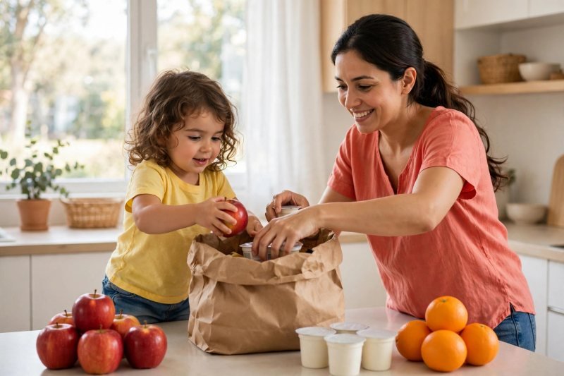 Mother and daughter unpacking and grouping groceries on the kitchen counter