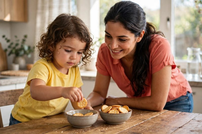 Preschooler dropping round crackers one by one into two small kitchen bowls