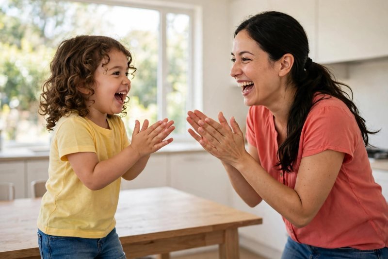 Laughing preschooler and mother clapping together in a bright kitchen game
