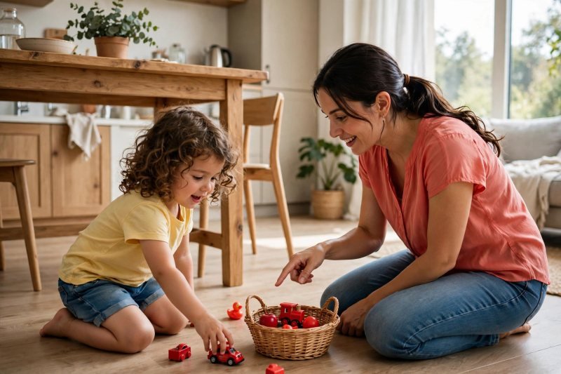 Little girl adding red toys to her basket during a color number hunt
