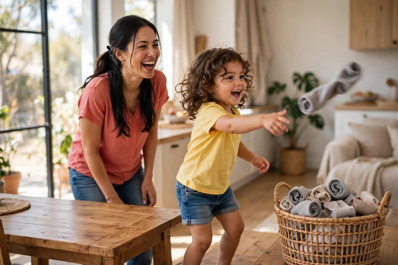Giggling child tossing a rolled sock toward a laundry basket mid-flight