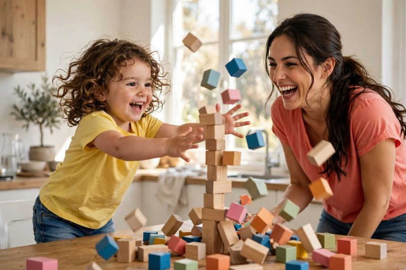Delighted preschooler toppling a wooden block tower with her mother laughing