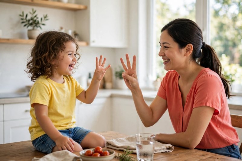 Preschooler showing fingers while mother mirrors the gesture at the table