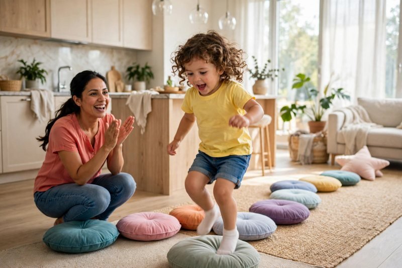 Child hopping cushion to cushion while her mother cheers beside the path