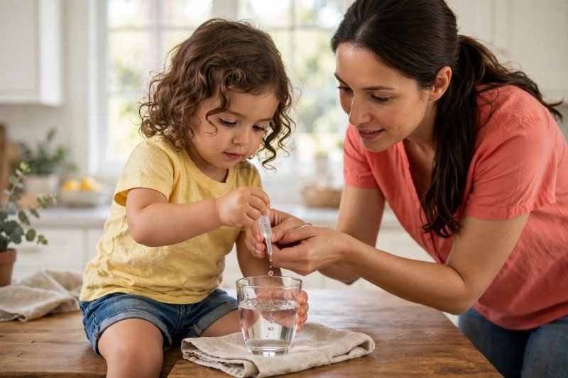 Toddler squeezing an eyedropper over a water glass with her mother's guidance
