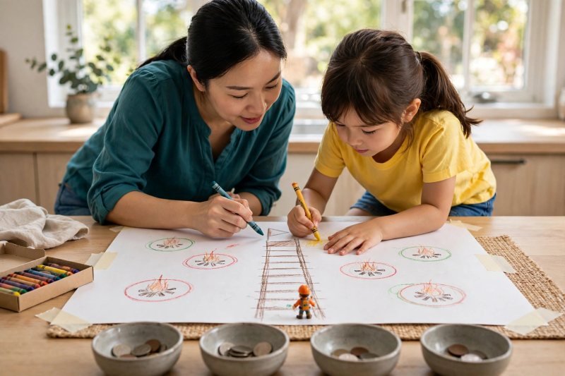 Mother and daughter coloring a hand-drawn ladder poster with crayons at a bright kitchen table