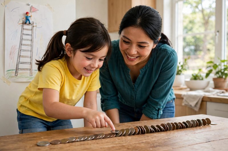 Girl counting a long row of coins while mother smiles beside the flagged poster