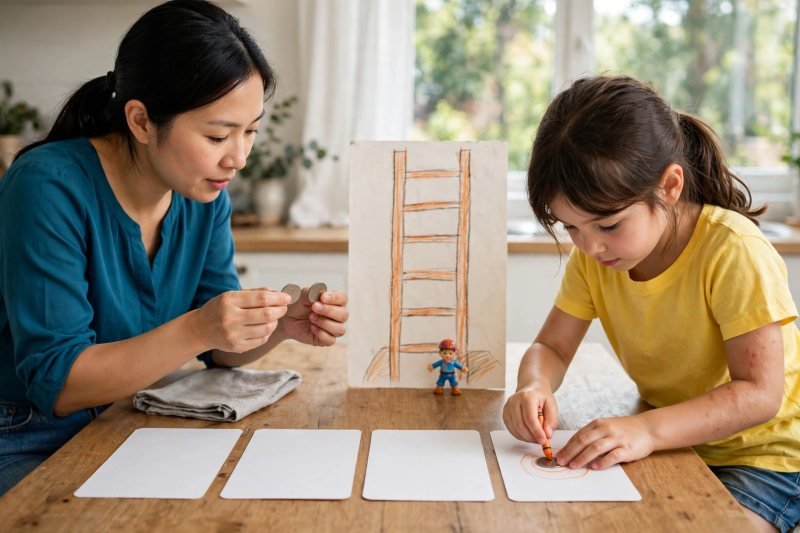 Child tracing a coin onto an index card while parent holds a dime and nickel