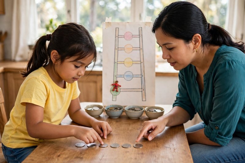 Child's fingertips tapping along a row of five face-down nickels mid skip-count