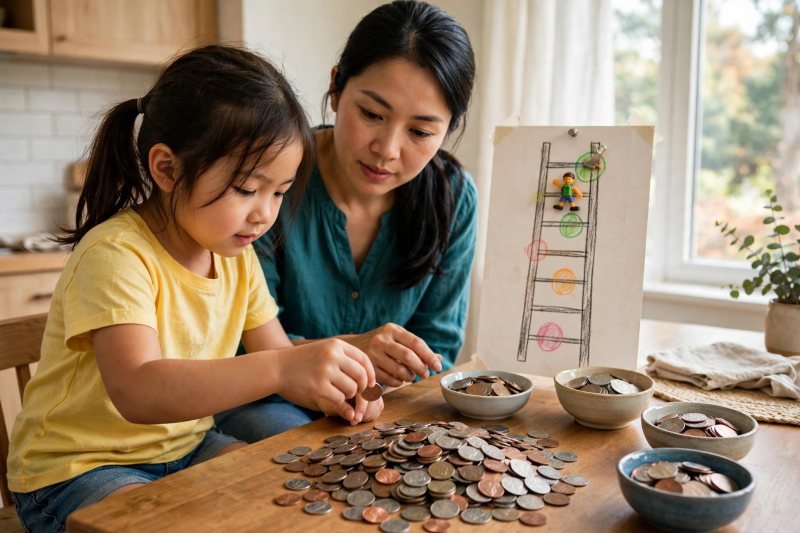 Girl placing pennies and dimes onto a growing coin pile beside the ladder poster
