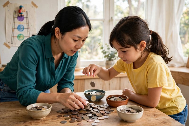 Girl dropping a large quarter onto the coin pile while mother watches closely