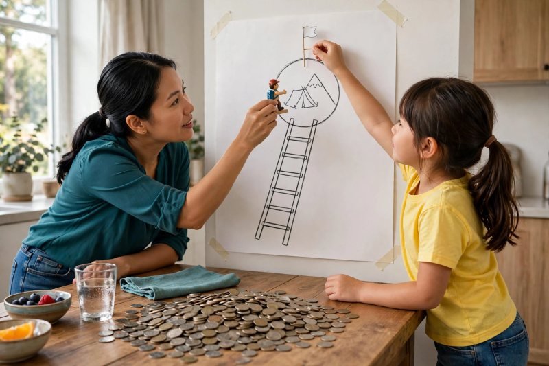 Child planting a paper flag atop the ladder poster as mother moves the climber