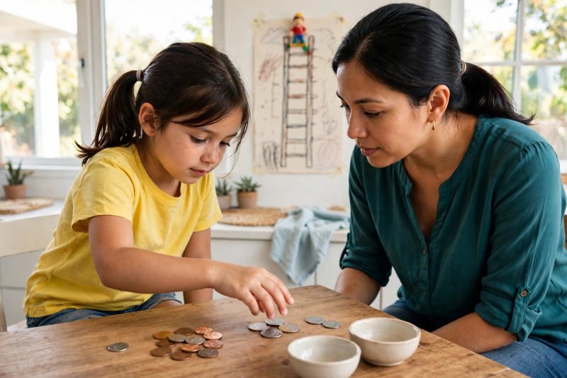 Child trading ten pennies for a dime during the coin trade-up bank game
