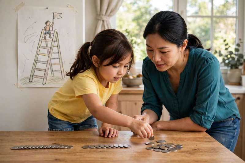 Girl arranging three separate dollar recipes of face-down coins on the table