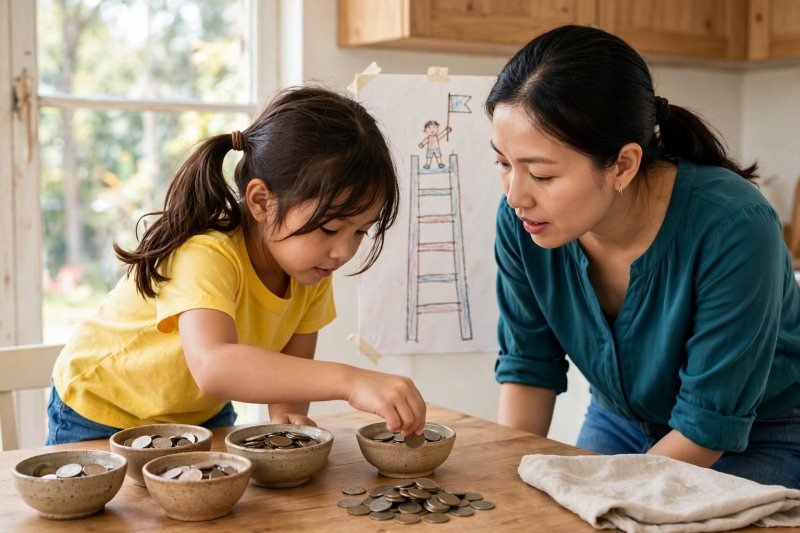 Child picking coins from bowls to build a target total from scratch