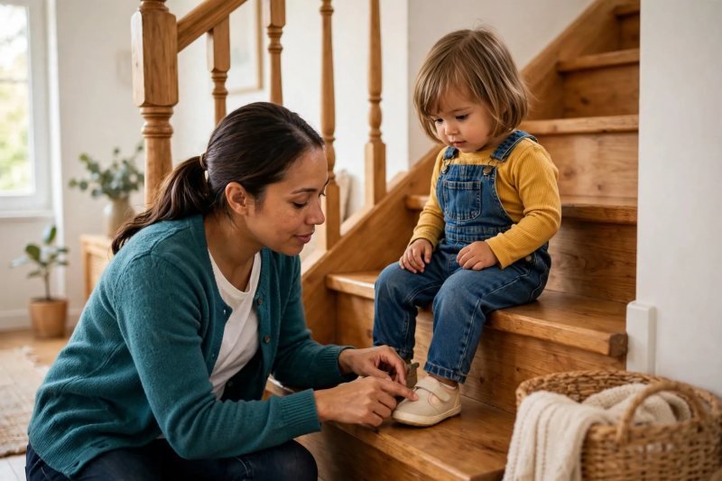 Parent kneeling on stairs, pointing at toddler's small shoes on the steps, toddler watching