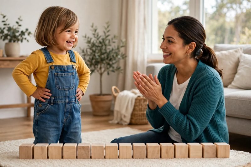 Parent applauding a beaming toddler who counted a row of blocks