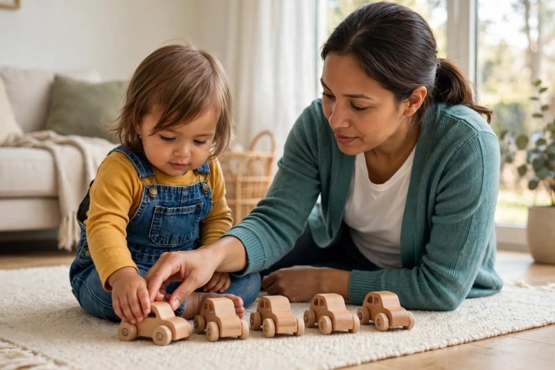 Parent's hand guiding toddler's hand to touch each toy car in a row on a rug