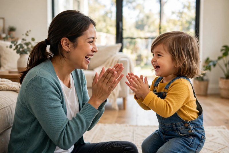 Parent and toddler facing each other mid-clap, joyful, living room