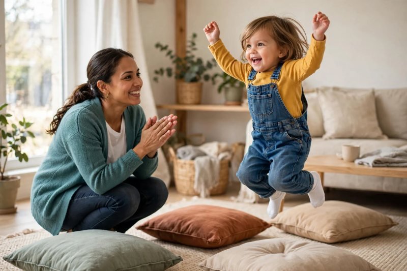 Toddler mid-hop across floor cushions, arms up, giggling