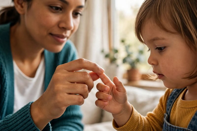 Parent gently lifting toddler's finger, counting fingers together, close-up