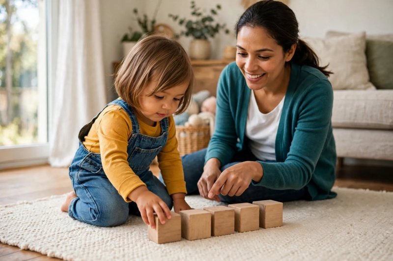 Toddler lining up chunky wooden blocks in a neat row on a rug