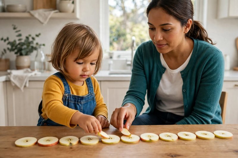 Trail of apple slices in a line on a kitchen counter, toddler's hand reaching for one