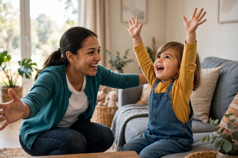 Toddler on sofa, arms up like a rocket blasting off, parent crouching beside