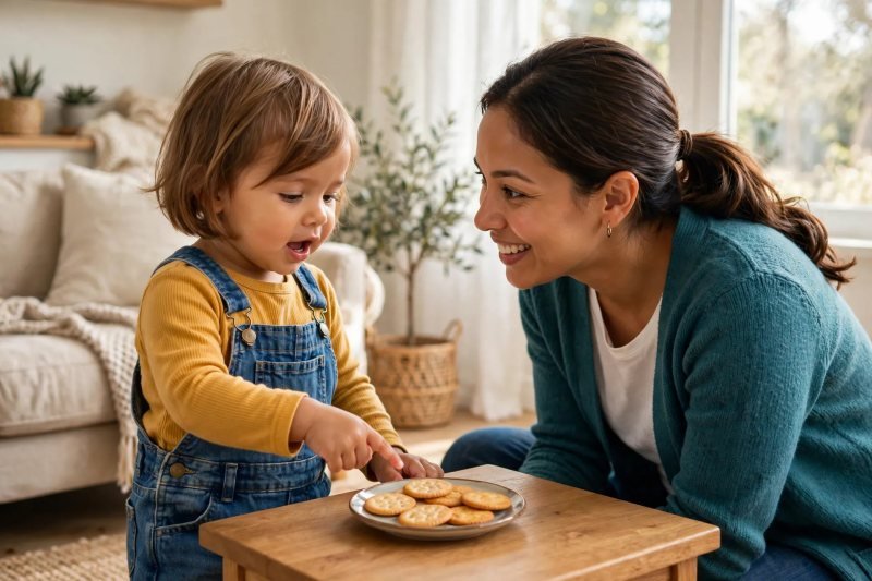 Toddler pointing at a plate of strawberries while a parent leans in attentively