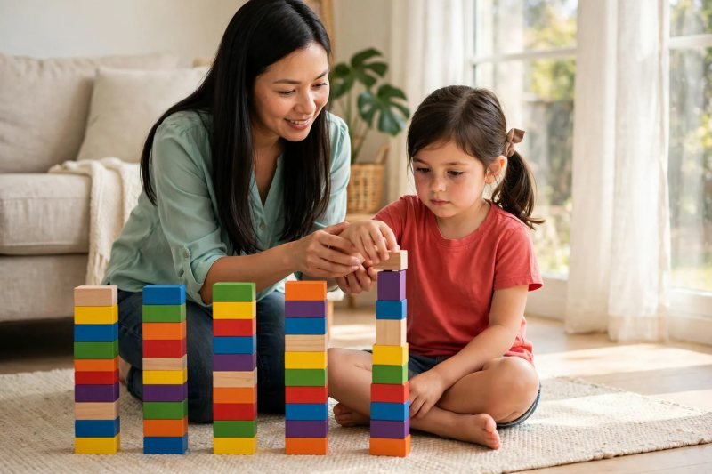 Five-year-old stacking colorful block towers of ten on the rug while mother guides her