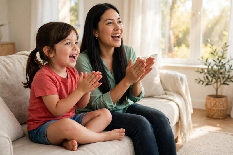 Mother and daughter singing and clapping together on the couch at home