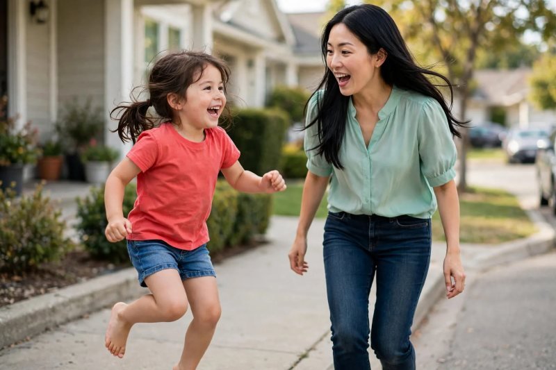 Girl mid-hop counting sidewalk steps on a neighborhood walk with her mother