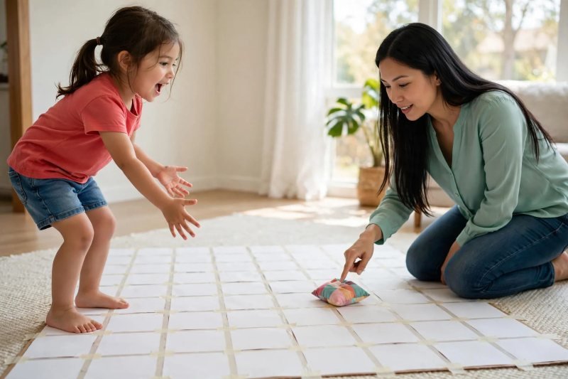 Girl tossing a beanbag onto a blank paper hundreds chart while mother points along