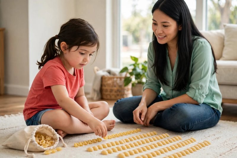 Girl sorting dried pasta shells into rows of ten on the living room rug
