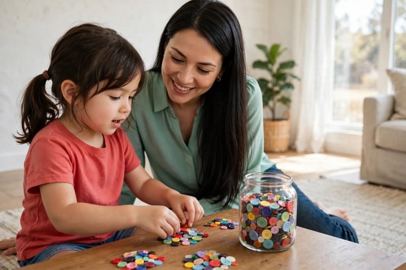 Girl counting colorful buttons into groups of ten beside a clear estimation jar