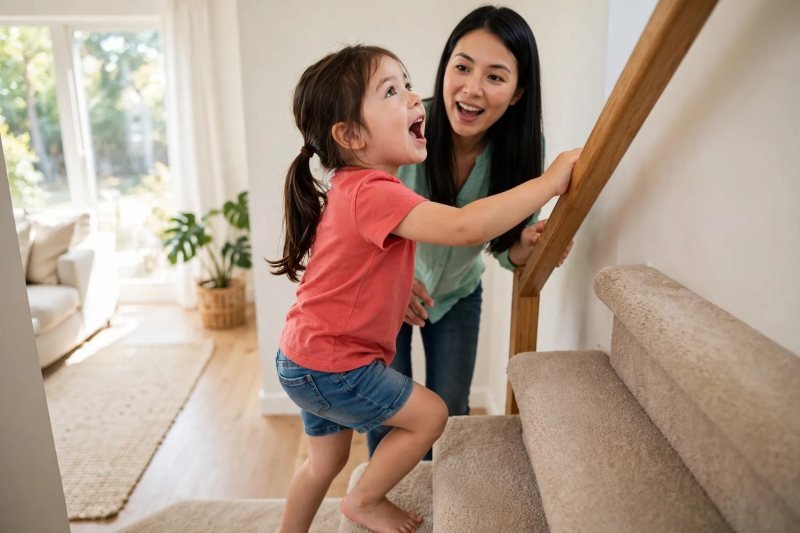 Mother and daughter climbing home stairs hand on rail counting each step aloud