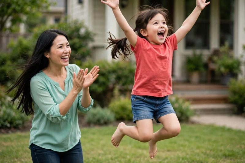 Girl leaping high on the lawn skip counting while her mother claps along