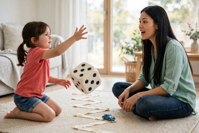 Girl tossing a big foam die toward a masking tape zigzag race path
