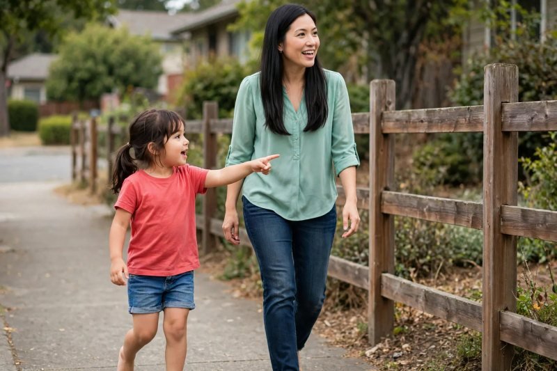 Mother and daughter counting wooden fence posts together on a sidewalk walk