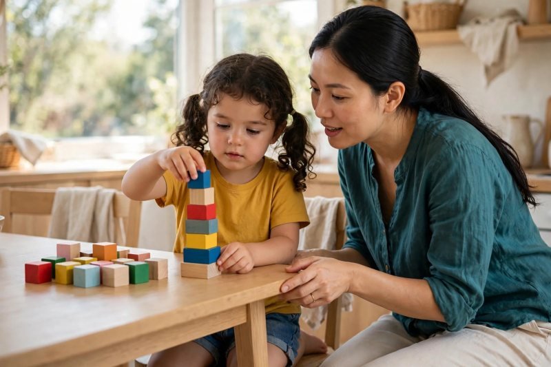 Girl placing a block atop a colorful block tower at the kitchen table, her mother guiding beside her